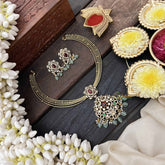 Vriksham Dual Peacock Gold-Plated With AD Stone Pendant Hasli Choker-Red-Green Bead-G20529